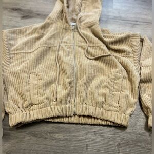 HYFVE Cropped Corduroy Hooded Jacket Zipper Front Light Tan Beige Medium